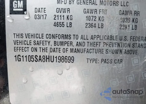 2017 Chevrolet Impala 1Lt z USA, uszkodzony, nr VIN 1G1105SA8HU198699